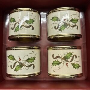 Lenox Nouveau Christmas Oval Napkin Rings Ribbon Holly Berries Set of 4 Open Box